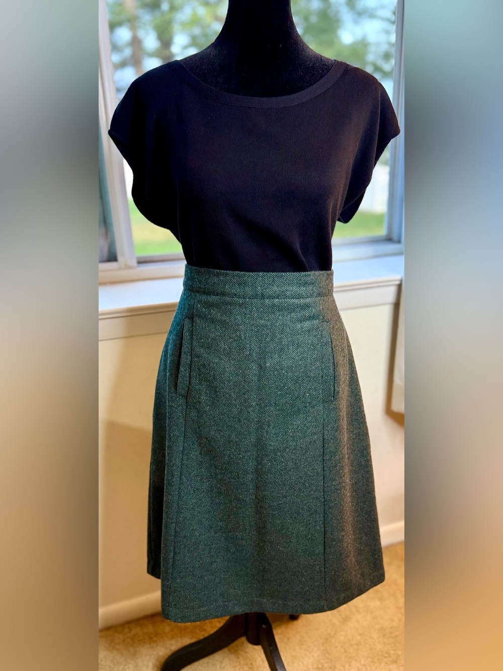 Modcloth wool blend preppy green black herringbone A line skirt lined pockets L - Picture 2 of 12